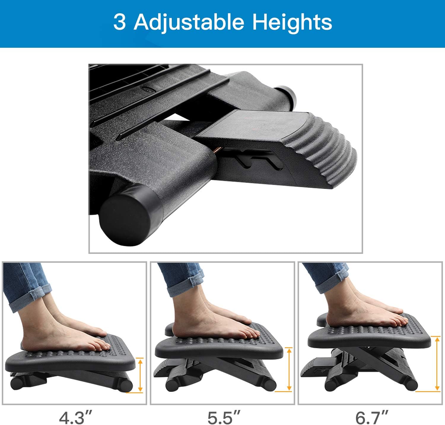 HUANUO Adjustable Under Desk Footrest - Ergonomic Foot Rest with 3 Height Position - 30 Degree Tilt Angle Adjustment for Home, Office, Non-Skid Massage Surface Texture Improves Posture and Circulation : Office Products