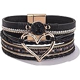 FANCY SHINY Heart Leather Wrap Bracelets Stackable Boho Cuff Bangles Trendy Resin Stone Rhinestone Bracelets with Magnetic Clasp for Women Valentine Gifts