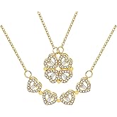 VANGETIMI 2 in 1 Four Leaf Clover Charm Lucky Necklace Heart Crystal Pendant Necklace Gold Link Valentine's Day Jewelry Gift for Women