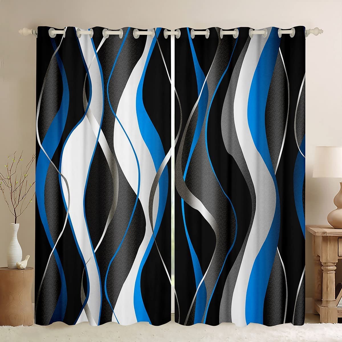 Loussiesd Blue Black Curtains Geometric Spiral Pattern Window Drapes for Kids Boys Girls Modern Abstract Blackout Curtain Grey White Window Treatments W46*L54 — image 1