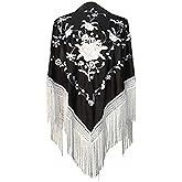 AMINA Medium Peak Shawl Triangular Flamingo or Sevillanas (175 x 75 cm) Black Body, Embroidered and White Fringes
