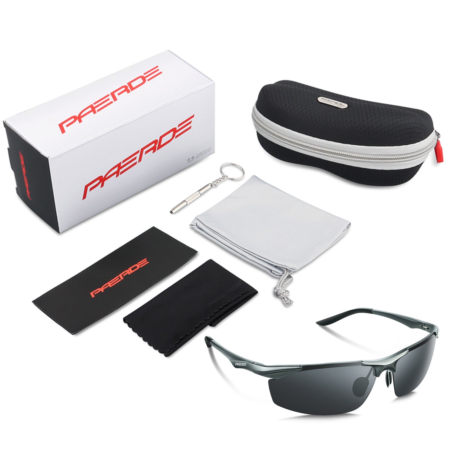 PAERDE Men\'s Sports Style Polarized Sunglasses for Men Driving Fishing Cycling Golf Running Al-Mg Metal Frame Ultra Light Glasses (Gray)