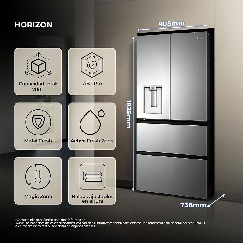 Horizon Collection HFR59F18CWMM - frigorífico multidoor French Door 700L, Clase C, 35 dB, Total No Frost, Inverter, dispensador de agua, ABT antibacterias, Metal Fresh Tech, Inox