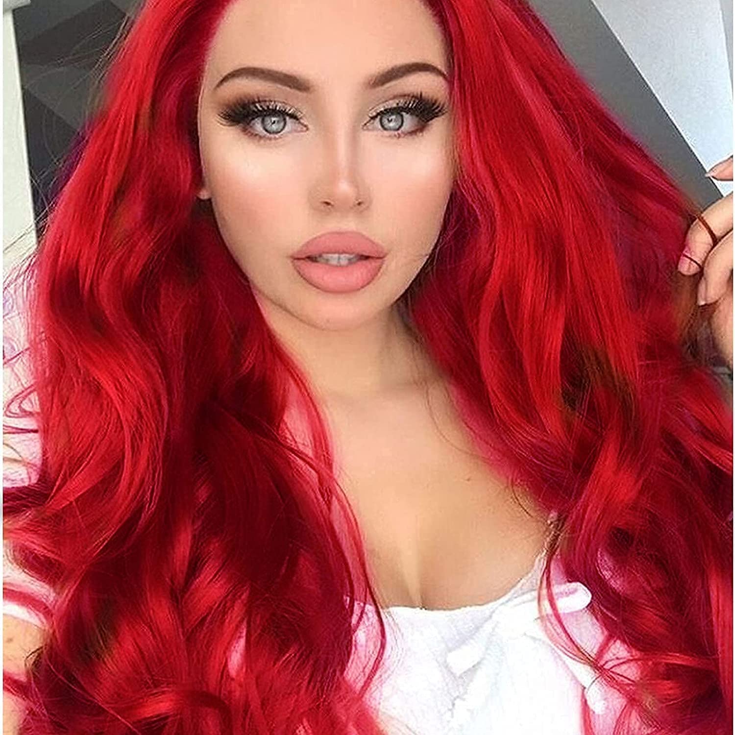 Red Lace Front Wig Long Wavy Colorful Wigs for Black Women Pastel Realistic Wig Hairline Glueless Synthetic Heat Resistant Hair Party Wig UK 24 Inch