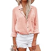 Aoudery Womens Button Down Shirts Cotton Dress Shirt Long Sleeve Oversized Boyfriend Solid Tunic Tops with Pockets