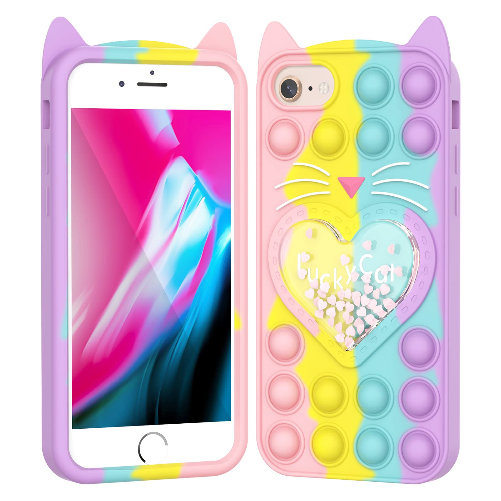 Asgens Fidget Pop Case for iPhone 6/6S/7/8/SE 2020, Cute Cartoon Lucky Cat Quicksand Bling Stars Push Bubbles Shockproof Silicone Soft Phone Case for Apple iPhone 6/6S/7/8/SE 2020 4.7 inch — image 1