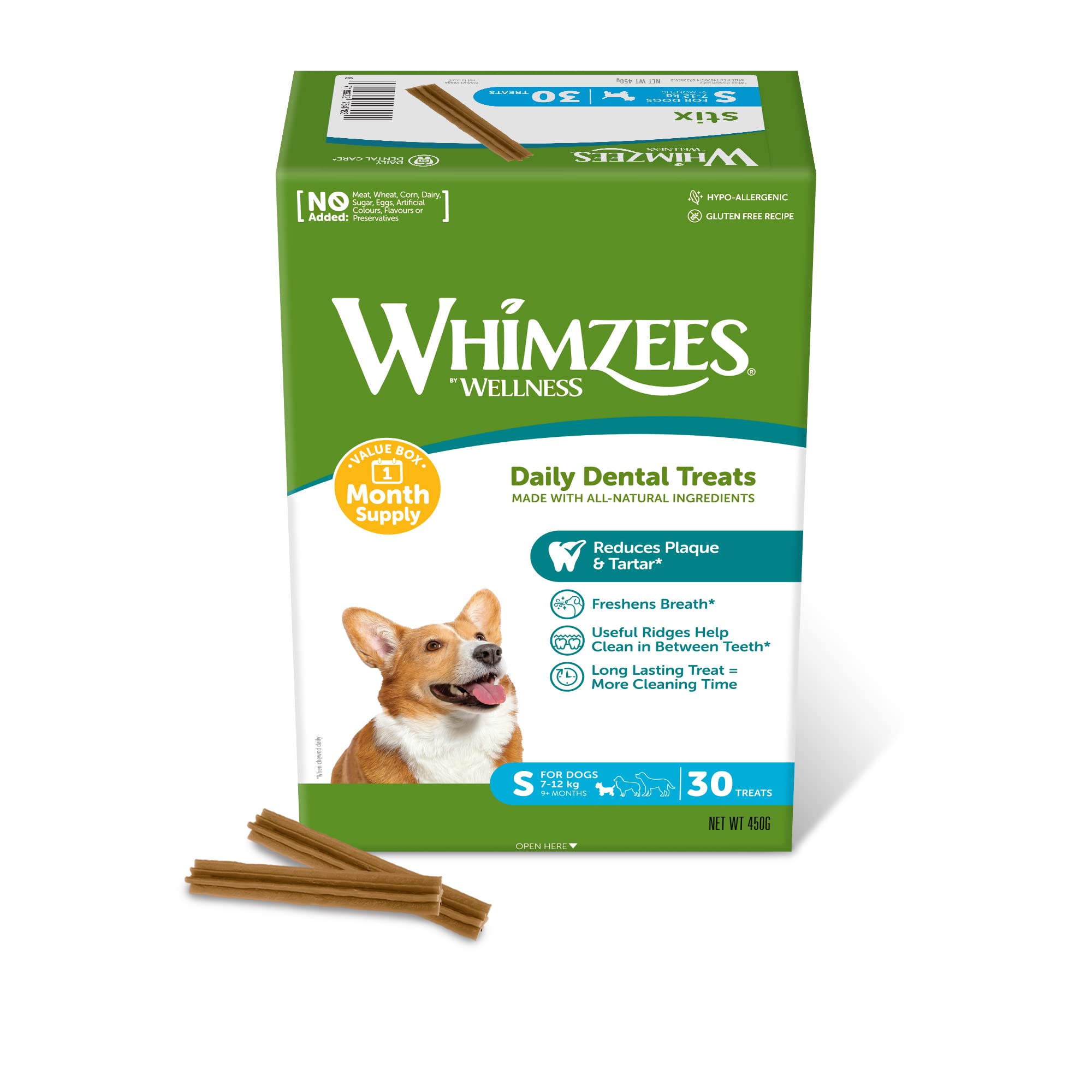 WHIMZEES Stix S, Month Box, 30 Pieces – Dog Dental Stix, Size S, Dog Dental Sticks for Small Breeds, Natural and Grain Free, Rawhide-Free, Vegetarian, No Added Sugar