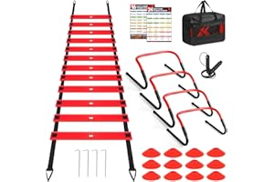 Agility Ladder - Soccer Training Equipment Set, 20 Ft 12 Rungs Speed Ladder,4 Agility Hurdles, 12 Disc Cones,Resistance Parac