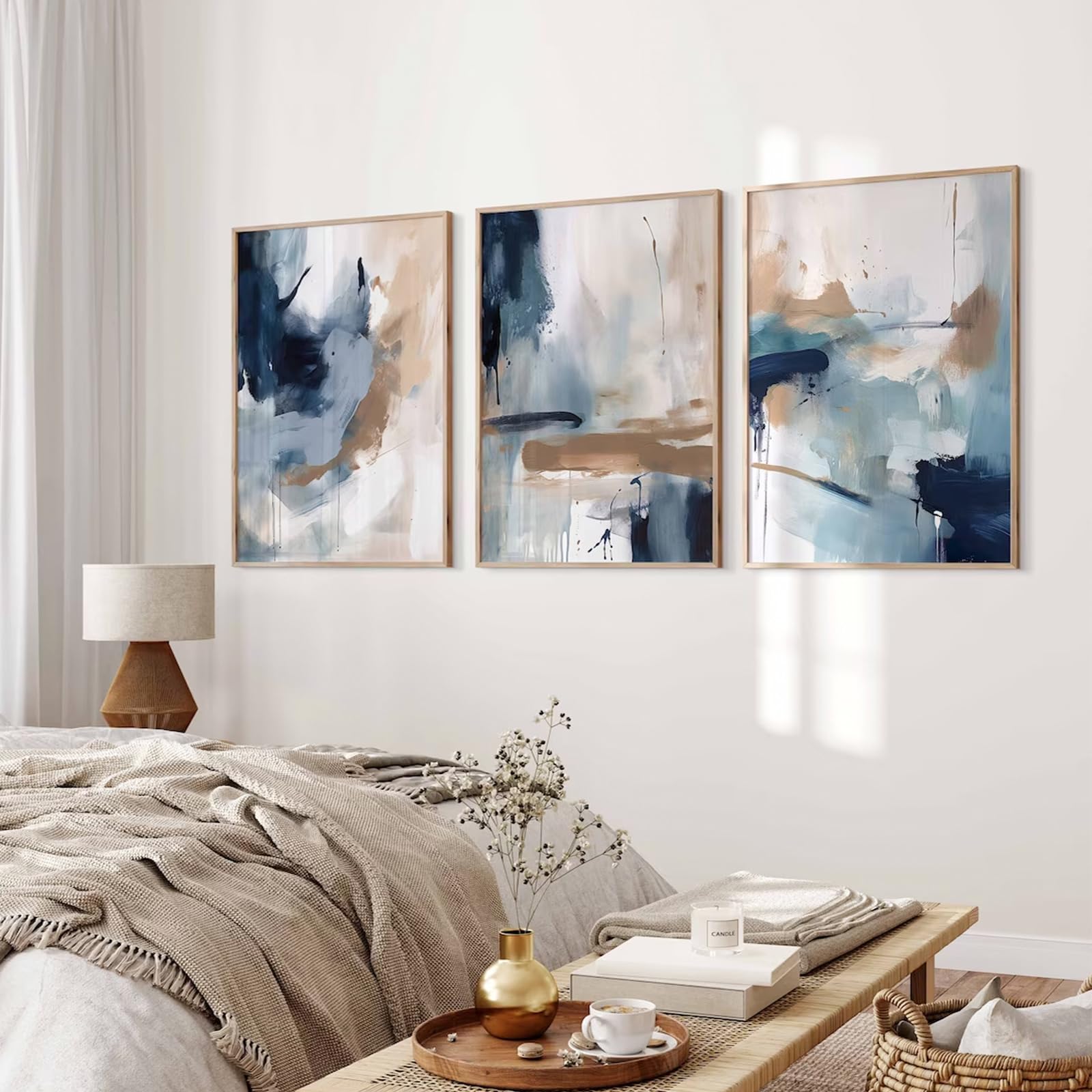 Navy Blue Wall Art Decor Abstract Brown Canvas Pictures Watercolor Modern Wall Art Painting Abstract Graffiti Poster Minimalist Prints Navy Blue Artwork for Living Room 12x16 Inch Unframed Set of 3