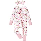 PATPAT Baby Girl Boy Footie Clothes, Bamboo Viscose, 2-Way Ruffled Zipper, Fold-Over Mittens & Cuffs with Headband