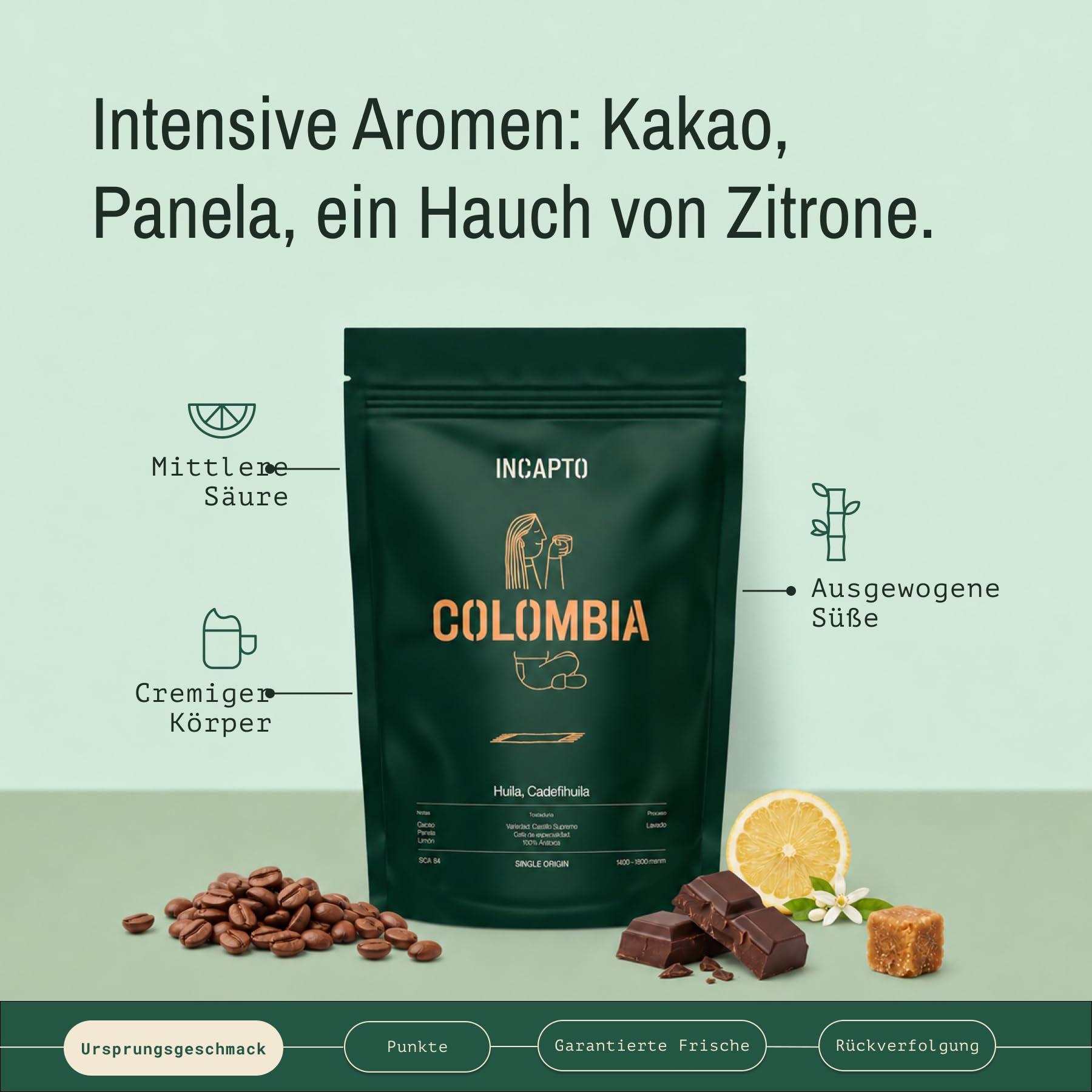 Incapto Spezialitäten-Kaffeebohnen | Single-Origin Kolumbien | Espresso 100% Arabica | Specialty Coffee 84 Punkte SCA | Traditionell Geröstete Bohnenkaffee | Plantage Huila, Cadefihuila, 1kg 3
