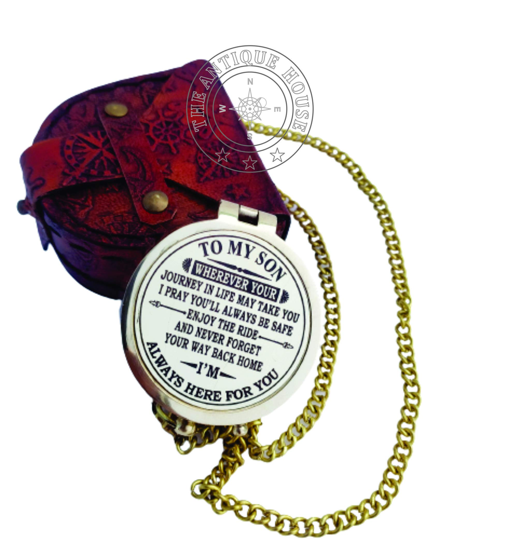 Shiny Brass Compass With Leather Case Gift To My Son Nautical Gift For Son From Dad & Mom Love