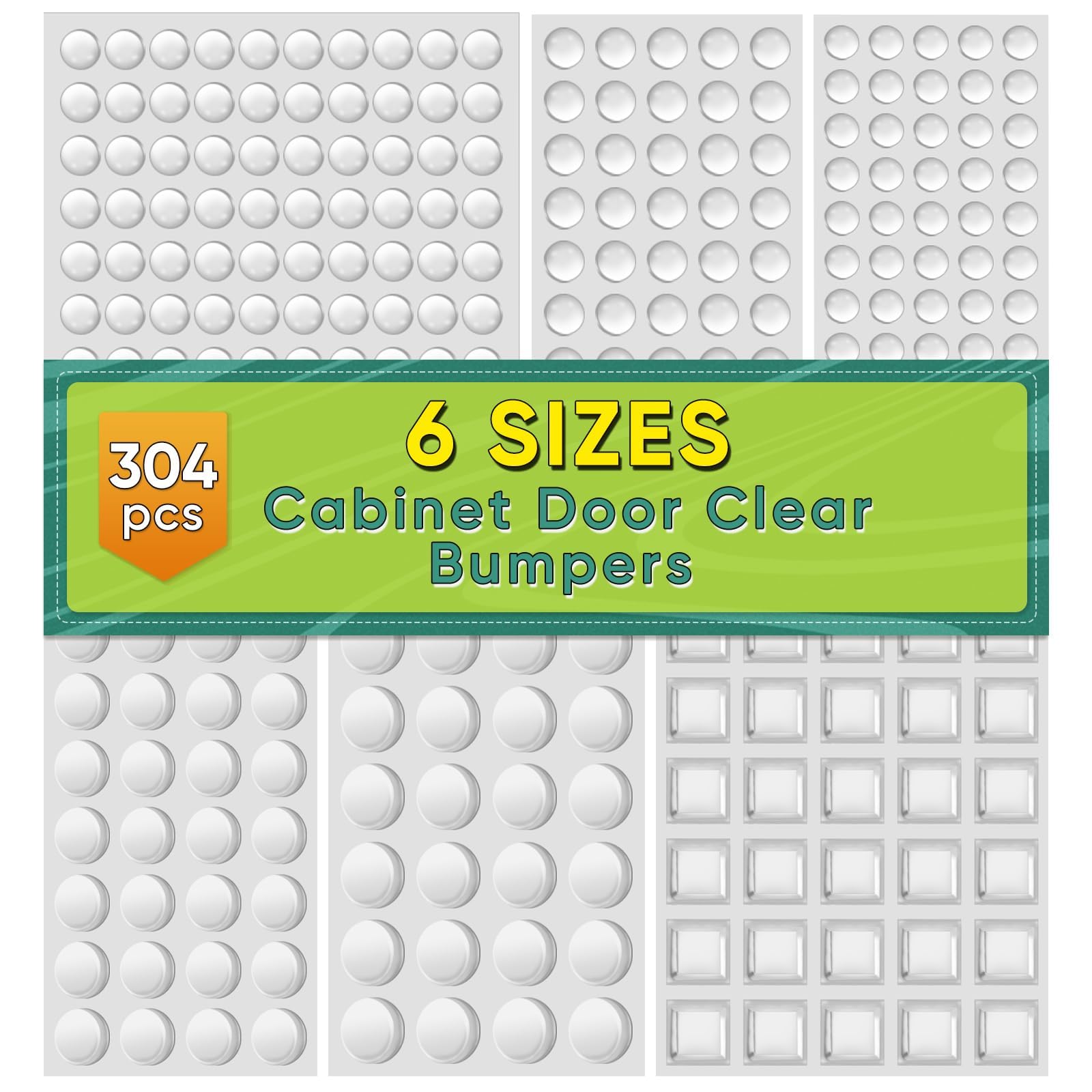 304 Pieces Clear Rubber Feet Bumper Pads, Buffer Pads Adhesive Rubber Feet, 6 Size Cabinet Door Bumpers - Round, Hemispherical, Square Noise-Dampening Bumpers for Drawers, Glass Non Slip