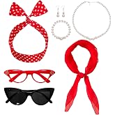 Fumwase 7PCS 1950s Costume Accessories for Women Cat Eye Glasses Hair Accessories Earring Bracelet Necklace Scarf
