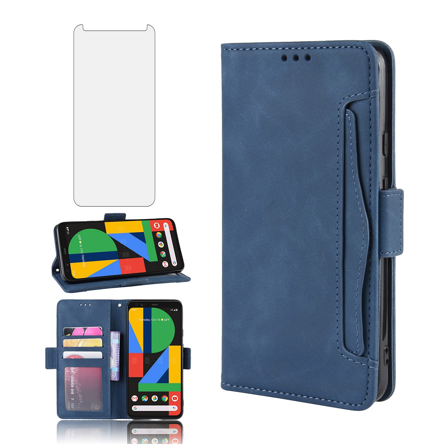 Phone Case for Google Pixel 4 XL Wallet With Tempered Glass Screen Protector Card Holder Slot ID Credit Stand Kickstand Leather Magnetic Flip Cell Accessories Pixle 4XL Pixel4XL 4LX LX Women Men Blue