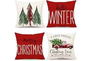 4TH Emotion Red Christmas Pillow Covers 18x18 Set of 4 Farmhouse Christmas Decorations Merry Christmas Tree Truck Hello Winter Holiday Decor Throw Cushion Case for Home Couch S22C34