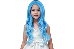 Edivd Girls Blue Ombre Wig Kids Long Mixed Light Blue Middle Part Wig Ombre Wavy Curly Wigs for Children Heat Resistant Synthetic Wigs with Cap