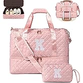 Personalized Initial Travel Bag, Quilted Duffle Bag, Weekender Bag for Women with Cosmetic Bag, Gym Bag with Shoe Compartment, Carry on Overnight Bag, Hospital Bag for Labor Delivery (Pink, K)