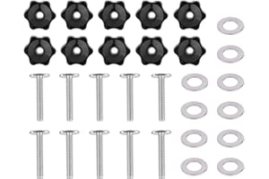 Fukaisu 10 Set 1/4-20 T-Track Knob Kit, Include Plastic Star Knobs Carbon Steel 1-1/2" T Slot Bolts and Stainless Steel Washers T-Track Accessories Kit for Woodworking Jigs and Fixtures