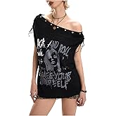 MakeMeChic Women's Emo Grunge Shirts Gothic Alt Clothes Graphic Tee Y2k Off The Shoulder Tops