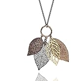 POMINA Gold Silver Two Tone Filigree Fall Leaf Pendant Long Necklace Chic Sweater Chain Statement Necklace for Women