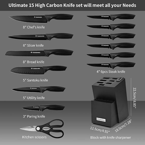 KNIFE SET WITH SHARPENER – 15 PCS HIGH CARBON STAINLESS STEEL KNIVES BLOCK SET, STAINLESS STEEL KNIFE SET, BUILT-IN SHARPENER KITCHEN KNIFE SET, WITH ANTI SLIP AND ERGONOMIC HANDLES (BLACK)
