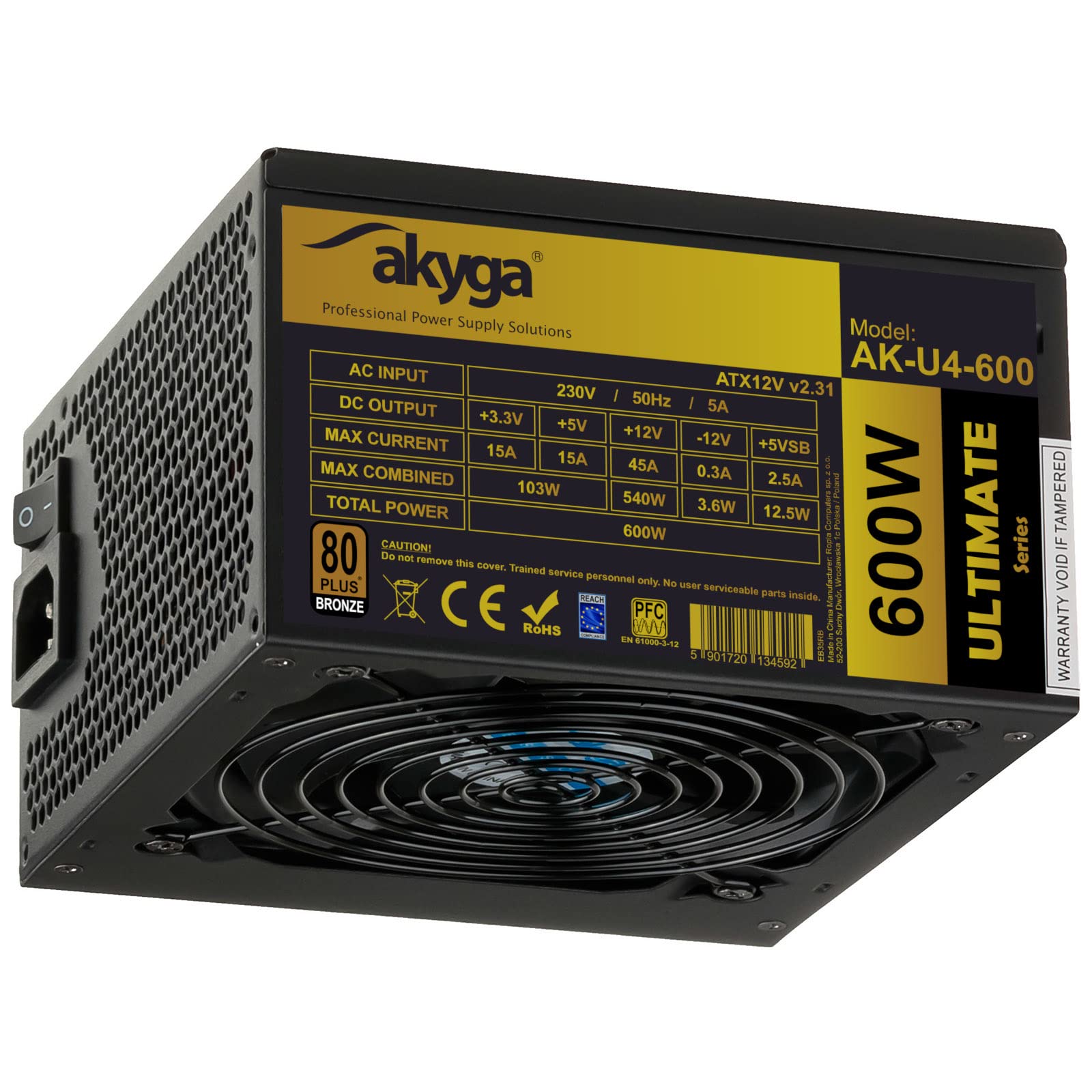 Akyga AK-U4-600 ATX power supply unit 600W 80+ Bronze APFC P8 PCI-E 6pin 6+2pin 6X SATA