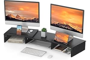 LORYERGO Dual Monitor Stand for 2 Monitors, Desk Riser With Storage, Computer Stand w/Slot for Tablet Cellphone, for PC, Laptop, Printer
