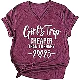 Girls Trip Cheaper Than Therapy Tshirt Women Funny Letter Print Short Sleeve V Neck T Shirt Summer Vacation Tees