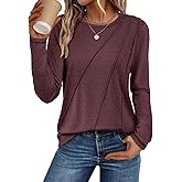 ATHMILE Womens Long Sleeve Shirts Pleated Crew Neck Casual Fall Fashion Ladie Tops Loose Fit Spring Clothes Beach Vacation
