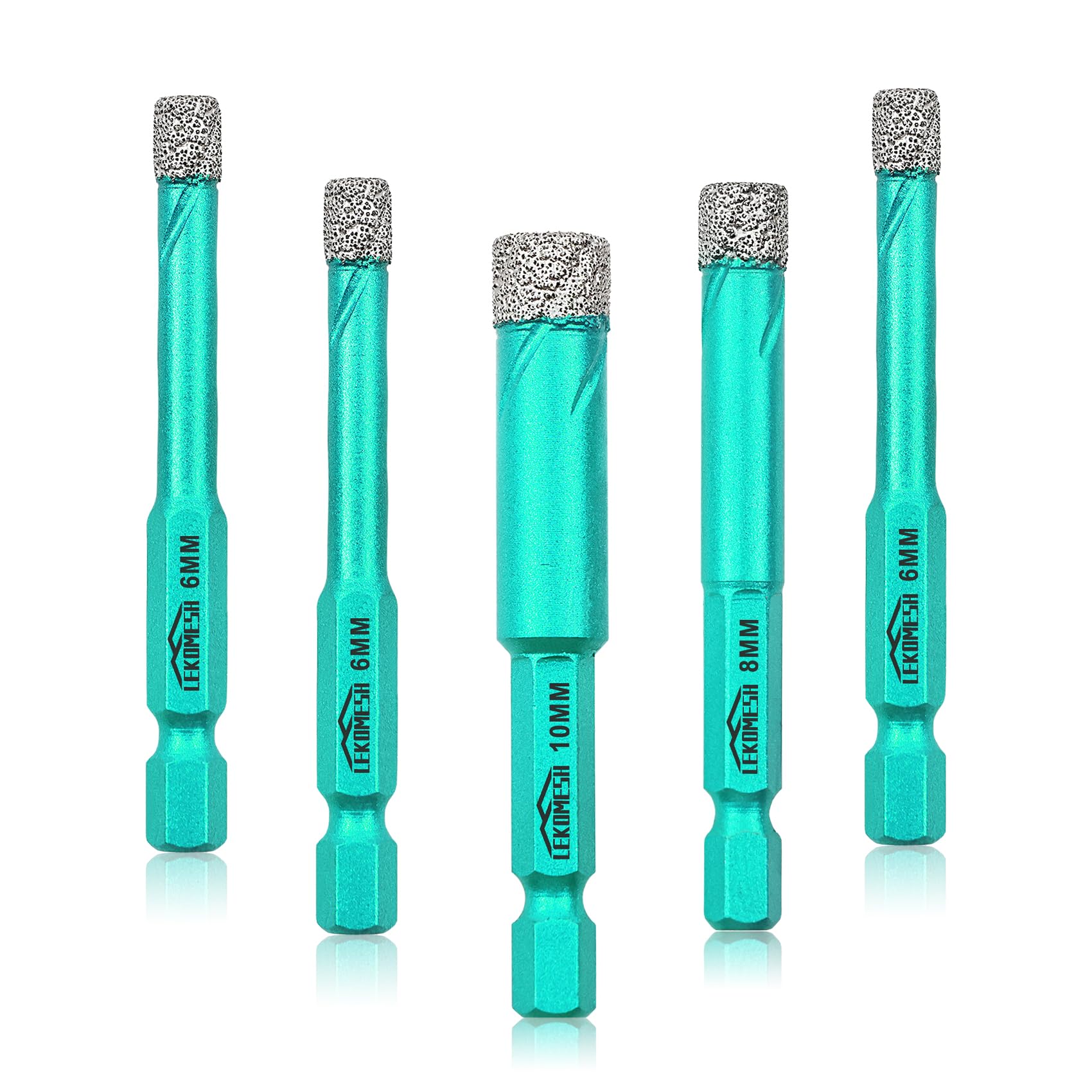LEKOMESH Diamond Drill Bit Kit - 5pcs 6/6/6/8/10MM Diamond Hole Saw Set Quick-fit Hex Shank Porcelain Tile Drill Bits for Ceramic Marble Granite Stone Quartz Vacuum Brazed
