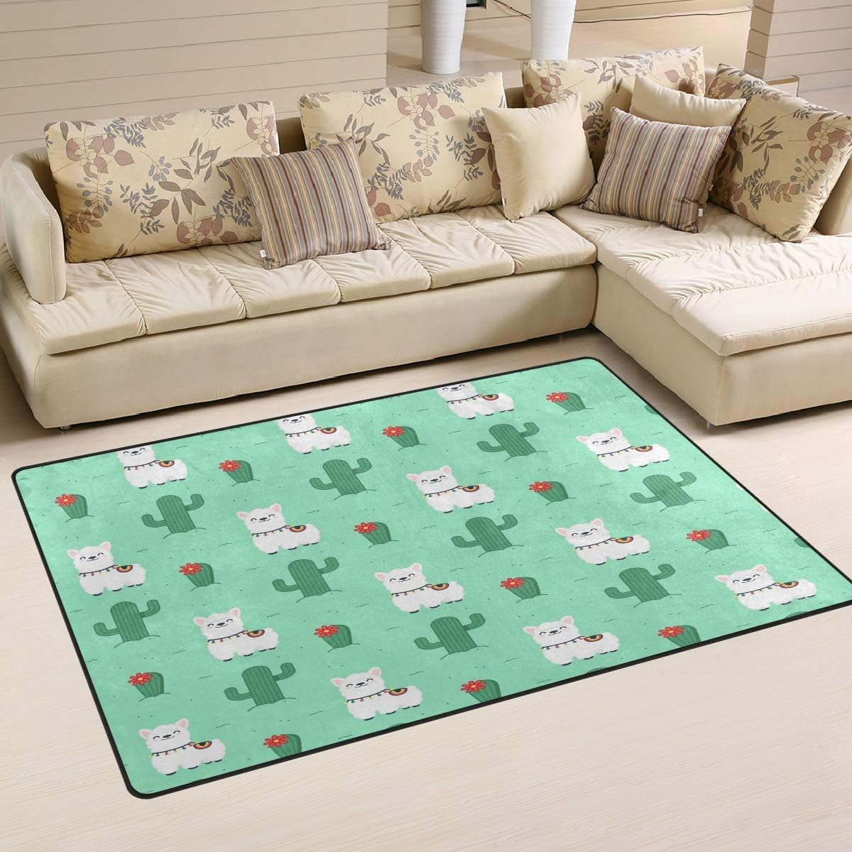 Cute Alpaca with Cactus Print Area Rugs Living Room Carpet Bedroom Rug