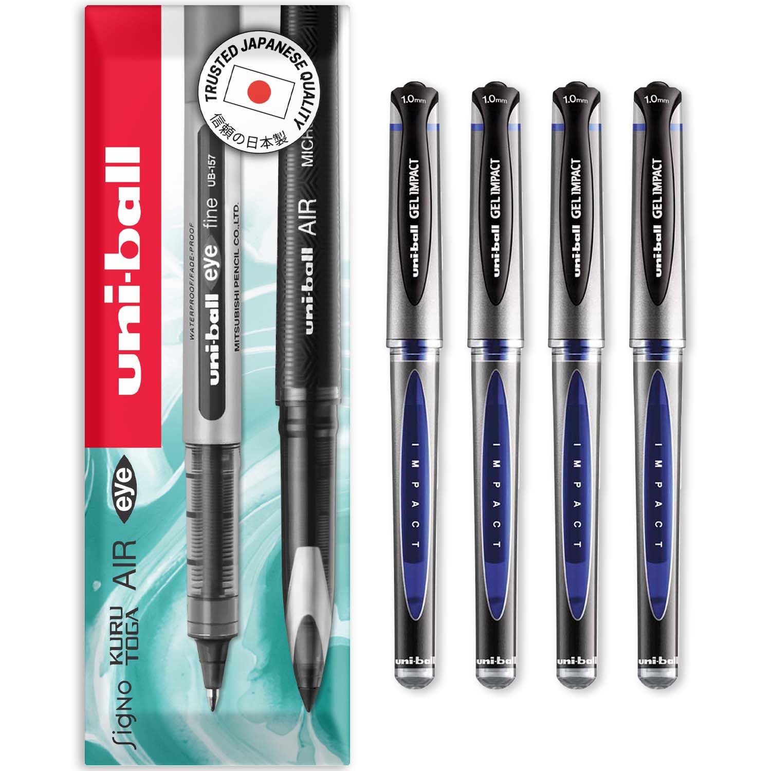 uni-ball Gel Impact Broad - UM-153S Rollerball Pens - 1.0mm Nib Tip - In Envelope Gift Packaging (Pack of 4, Blue)