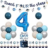 Sursurprise Outer Space 4th Birthday Decorations, Reach Four The Stars Banner Cake Topper Cupcake Toppers Balloons for Astronaut Planets Rocket Galaxy Universe Solar System Party Supplies