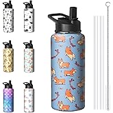 32oz Corgi Water Bottle with Handle and Flip Straw, Dog Lovers Sports Stainless Steel Insulated Cup Travel Coffee Mug Tumbler, Birthday Mothers Day Chritmas Gifts for Women