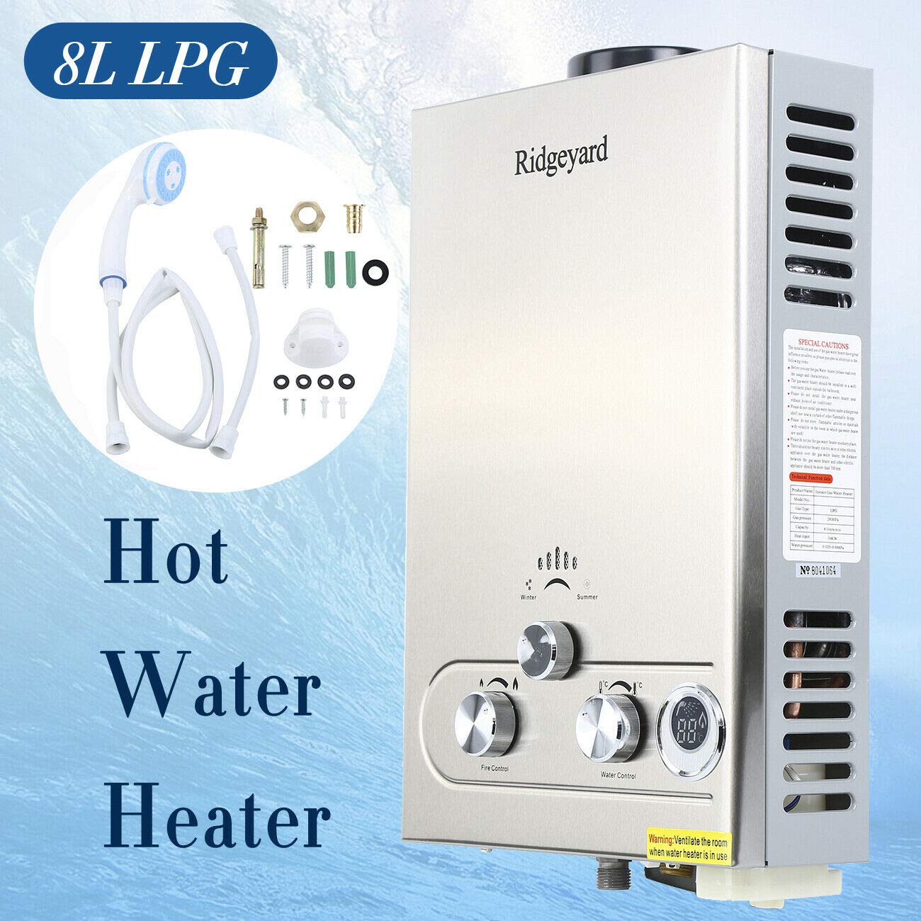 Instant Hot Water Heater LPG Gas Propane Boiler 8L Tankless 2GPM, Bathroom Shower