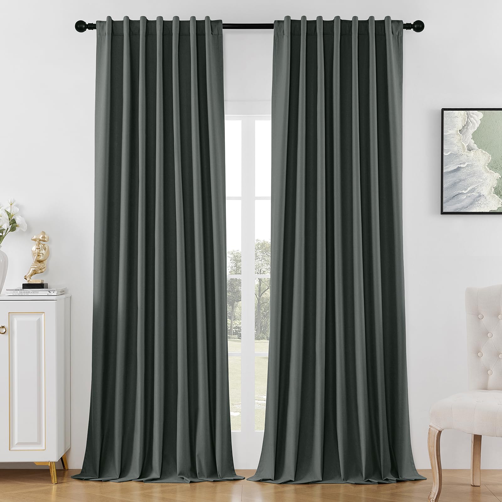 Joydeco Linen Blackout Curtains for Bedroom Back Tab/Rod Pocket Heavy Duty Living Room Drape Thermal Insulated Noise Reduce Cancelling Curtain 1 Panel Custom Size Grey