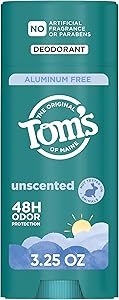 Tom’s of Maine Unscented Natural Deodorant for Men and Women, Aluminum Free, No Artificial Fragrances, Dyes, or Preservatives