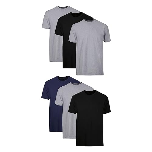 Hanes Mens Cotton, Moisture-wicking Crew Tee Undershirts, Multi-packs, Black/Grey/Blue Assorted - 6 Pack, Large US