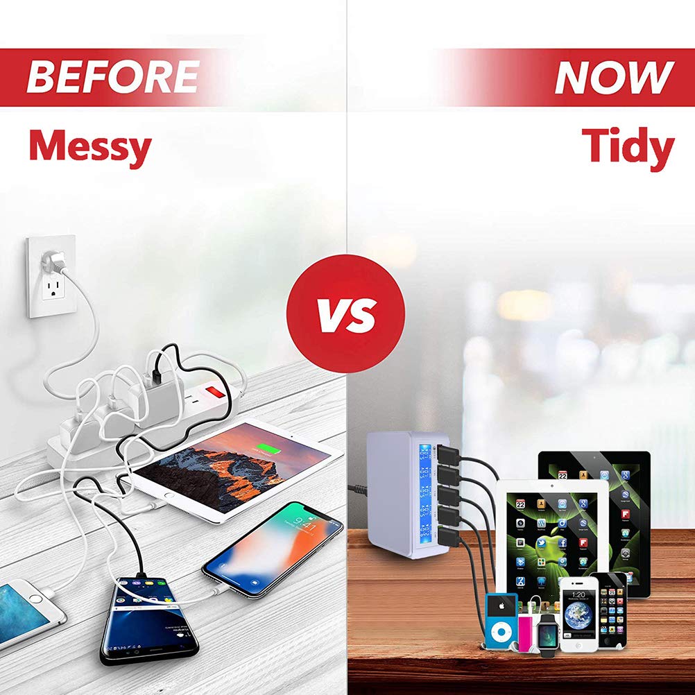 Multi USB Charger,50W 5 Port USB Fast Charger with QC 3.0 Quick Charge LCD Smart Charging Station Hub for Smartphone,Tablet,Power Bank and Multiple Devices (White)