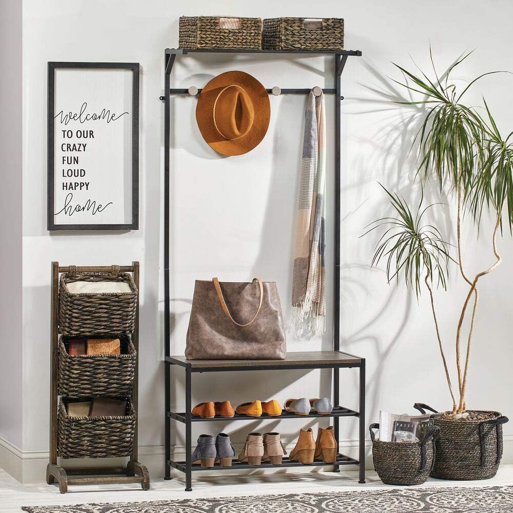 mDesign Coat Rack and Bench Organizer System Storage Unit, 4 Hooks Holds Jackets, Scarves, Purses, Hats, Leashes, Shoes, Boots for Bedroom, Hallway, Entryway 2-Tier Storage Bench- Black/Gray Wood Wash: Home & Kitchen