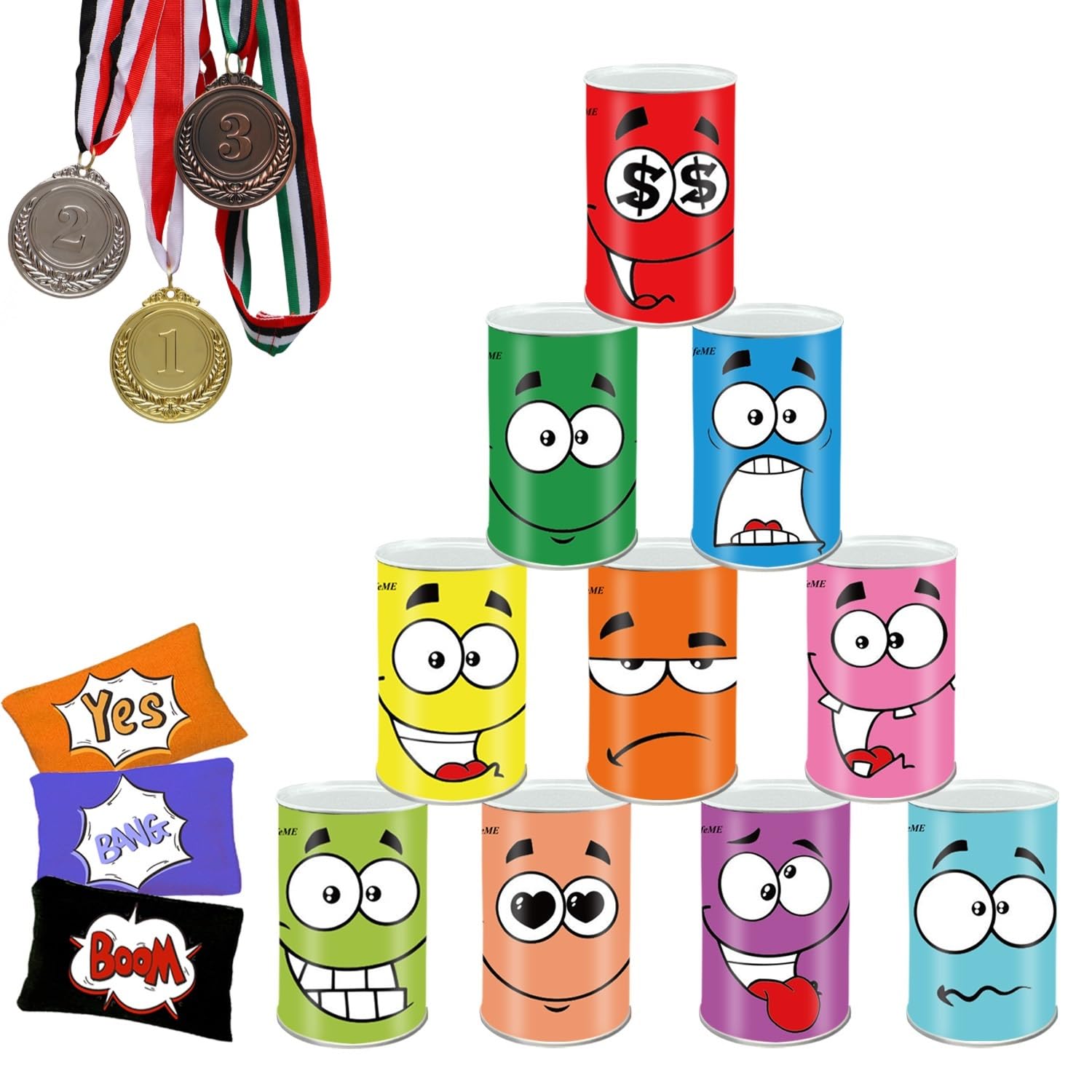 Ulifeme Tin Can Alley Game, Outdoor Garden Bean Bags Throwing Games for Kids and Children, Garden Party Target Toys - 10 pcs Fun Knock Down Tin Cans + 3 pcs Beanbags + 3 pcs Medals for Boys and Girls
