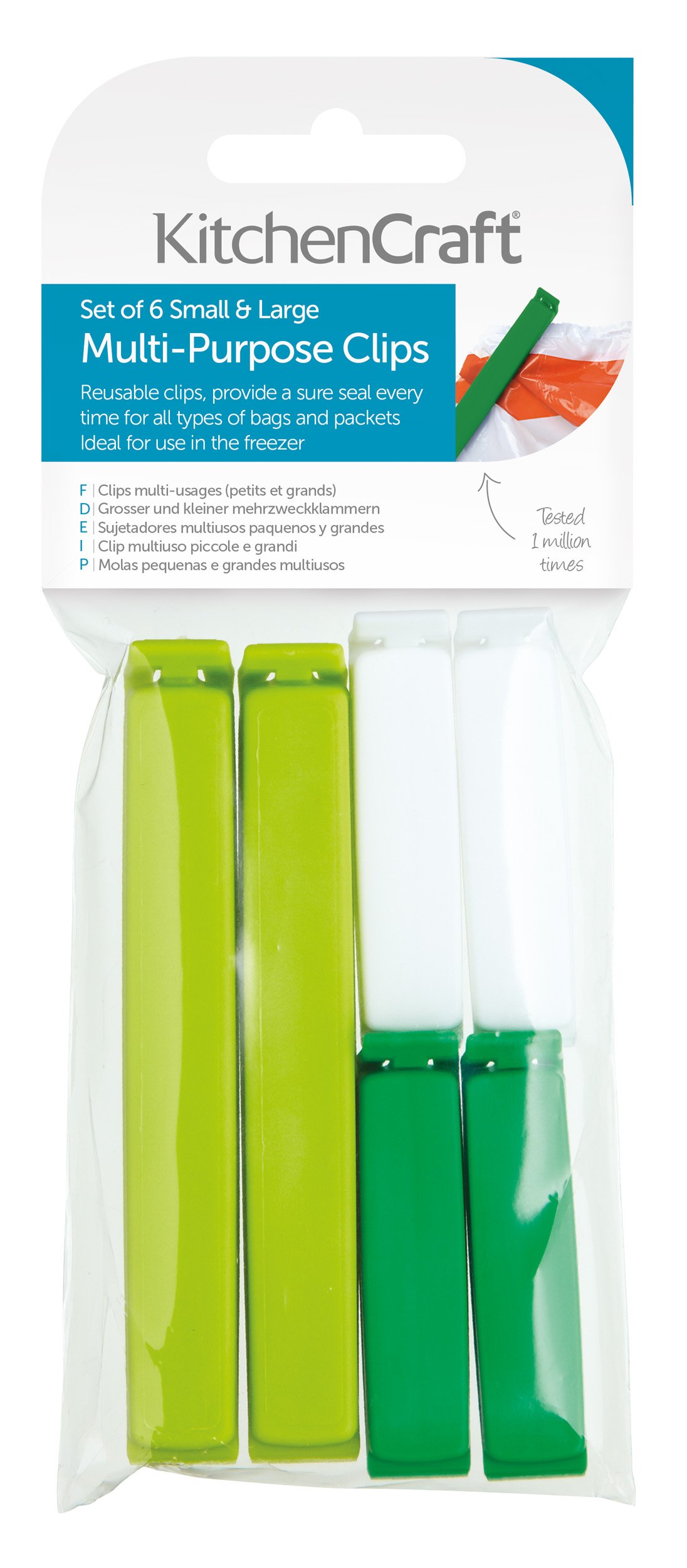 KitchenCraft Plastic Bag Clips, Assorted Sizes, Set of 6