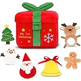 TOYSYM My First Plush Christmas Box Plush Playset 7PCS Plushies Gingerbread Bell Santa Claus Christmas Tree Snowman Elk with Mirror Plushy for Girls Boys