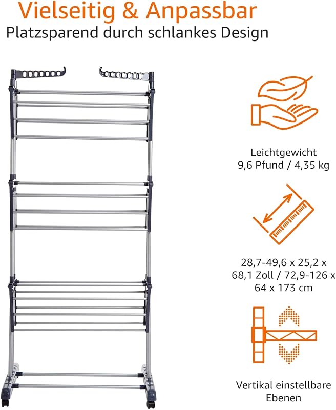 Turm-Wäscheständer für innen mit faltbaren Flügeln, Garten, Grau, 4-stufig, 126 x 64 x 173 cm (L x W x H) — Foto 7 von 8