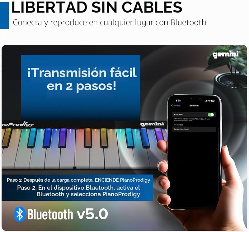 Sound PianoProdigy Teclado MIDI inalámbrico iluminado de 24 teclas GPP-101, Debe conectarse a un dispositivo iOS/Android para obtener sonido, Ampliable, Bluetooth, portátil