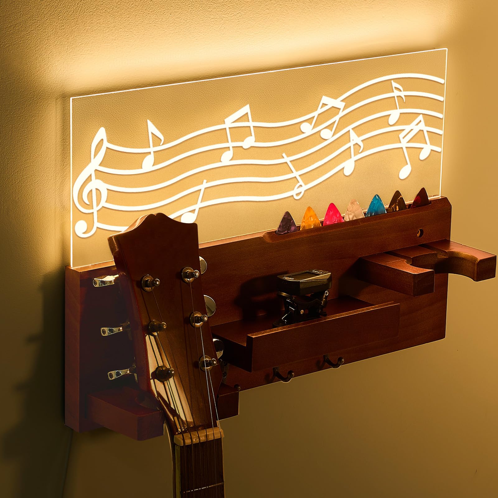 Photo 1 of Threehoney Light up Guitar Stand Wall Mount Wood Hanger Shelf with Pick Holder and 3 Hooks for Acoustic Electric Bass Ukulele Violin Guitar Gifts for Musicians Music Lovers Guitarist (Dark Color)