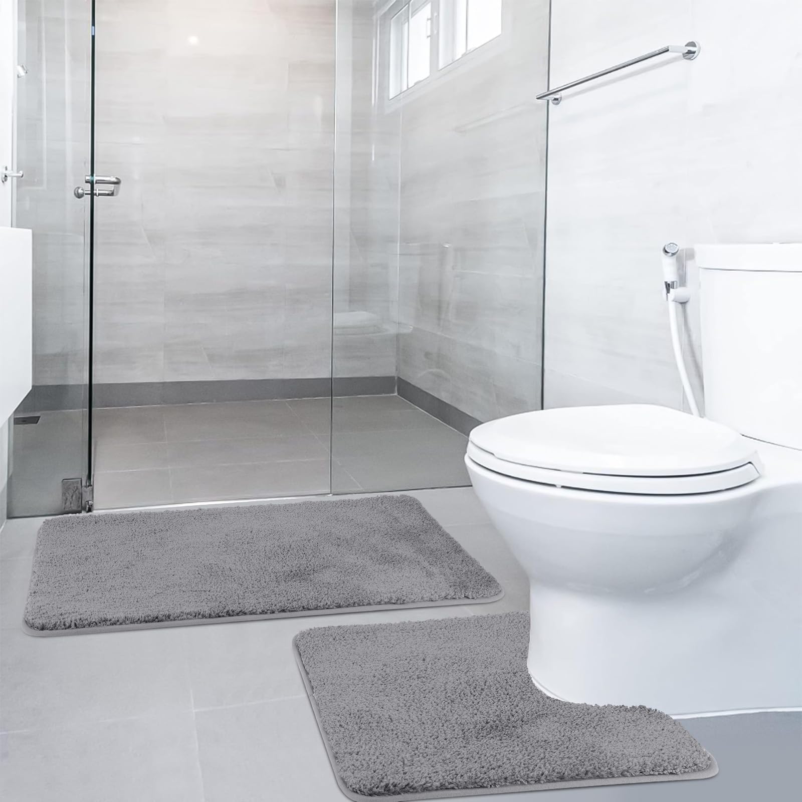 SOANNY Non-Slip Bath Mat Set of 2, Luxury Thick Microfiber Shaggy Bathroom Rugs, 50 X 80 CM Soft Plush Shower Mat & 50 X 50 Toilet Pedestal Carpet, Machine Washable, Absorbent, Grey