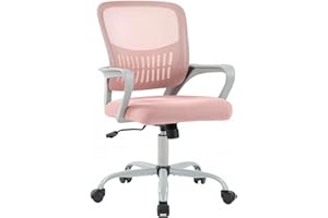 DUMOS Home Office Computer Chair - Ergonomic Mid Back Desk with Lumbar Support and Rocking Mode, Height Adjustable with Fixed Armrest, for Conference Meeting Room, 360° Swivel, Adults, Pink