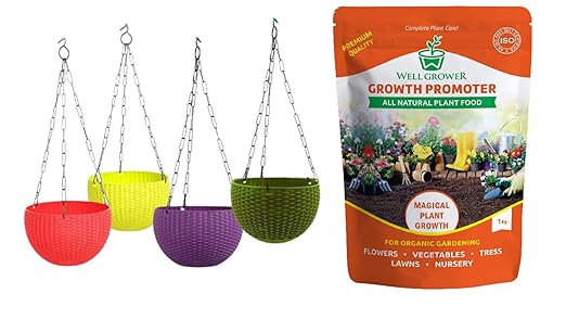 Well Grower Pack of 2 Plant Growth Promoter Organic Fertilizer 1 KG and Flower Pot Hanging Basket with Hook Chain for Home Garden Office Balcony Grower Planter Pack of 4 (Size : Small 4 Inch)